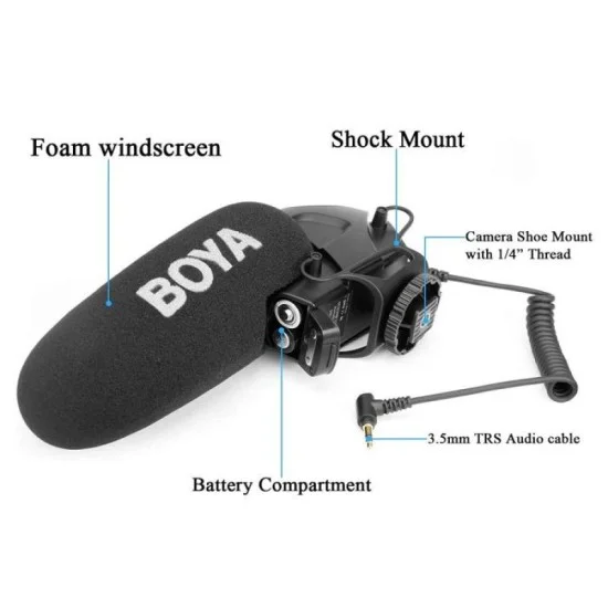 Boya On-Camera Shotgun condenser Microphone for DSLR, Mirrorless and Video Cameras &ndash; Black